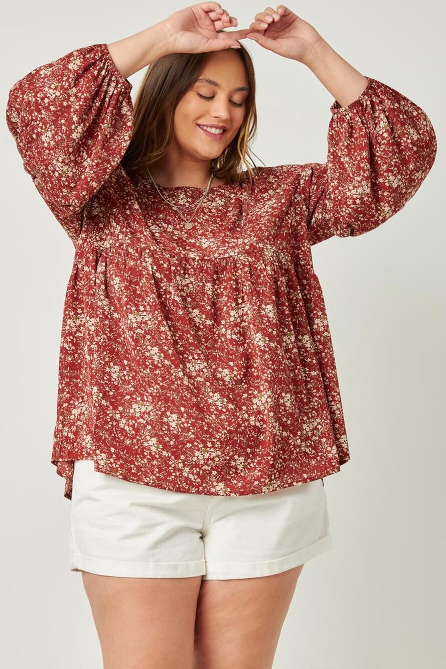 HAYDEN Kristie Plus Burgundy Floral Puff Sleeve Babydoll Top 2XL